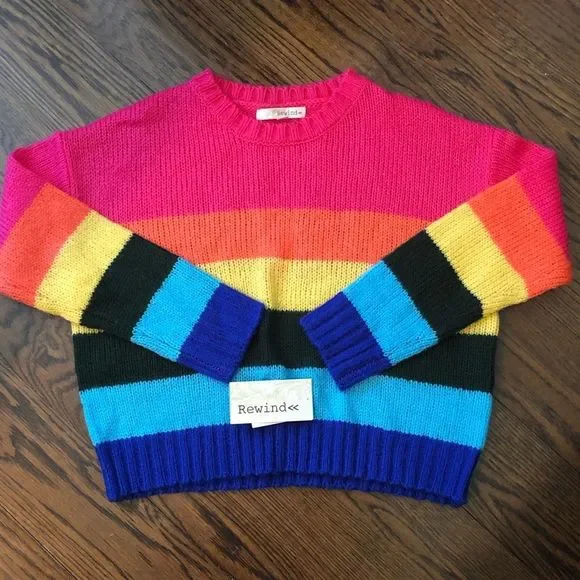 REWIND Womens Bold Rugby Stripe Colorful Lightweight Crewneck Sweater Sz Large - Picture 2 of 8